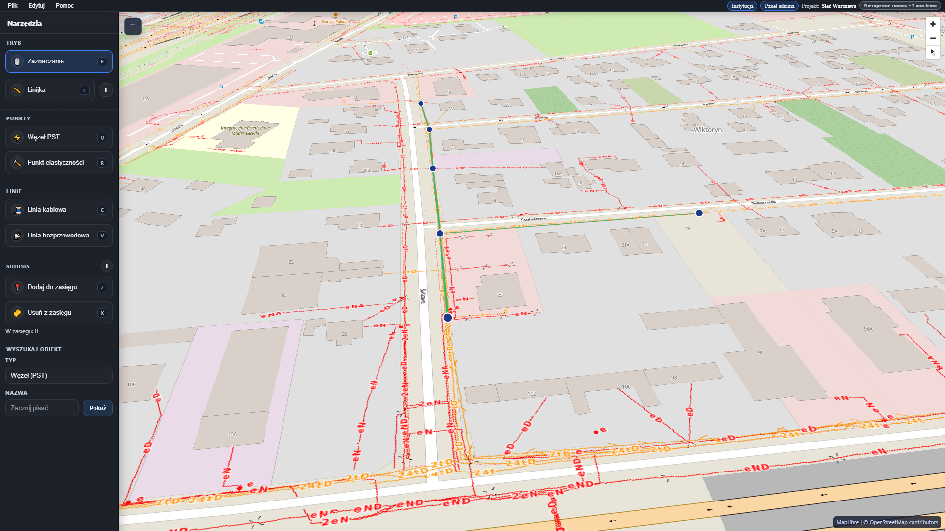 Widok mapy głównej z warstwami i elementami sieci
