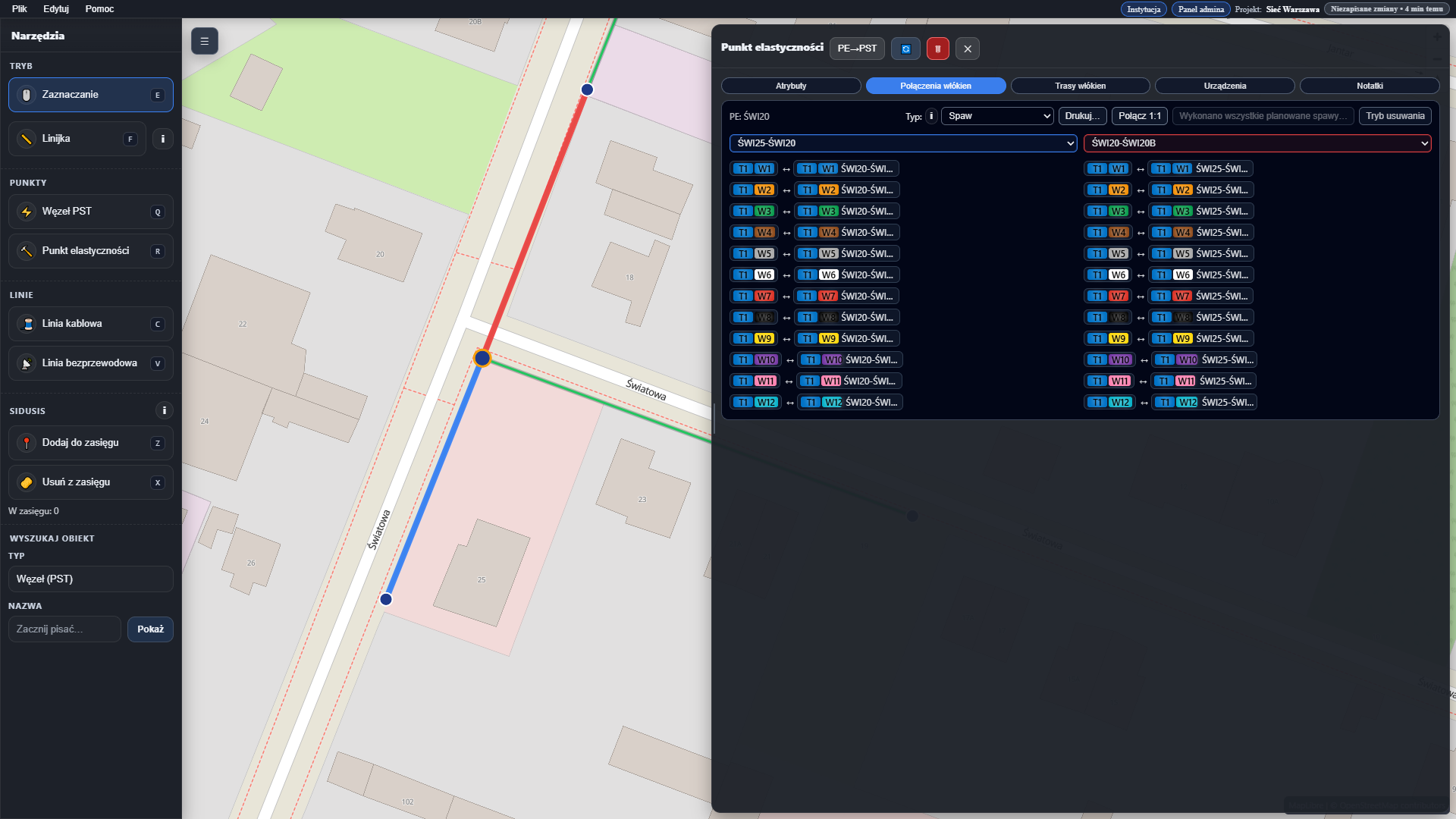 Widok połączeń i przebiegów odcinków sieci